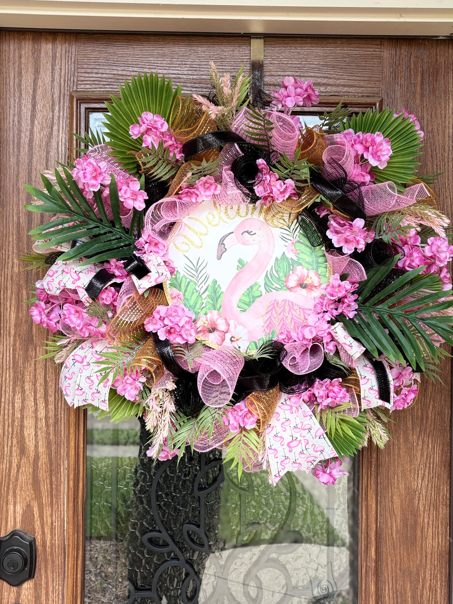 Tropical Flamingo Welcome Wreath – Pink Cherry Blossoms & Greenery Door Decor
