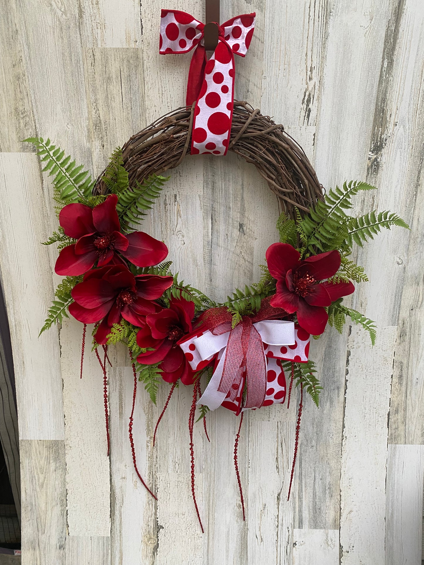 Red Floral Grapevine Wreath with Polka Dot Bow – Handmade Front Door Decor by Maneisdom