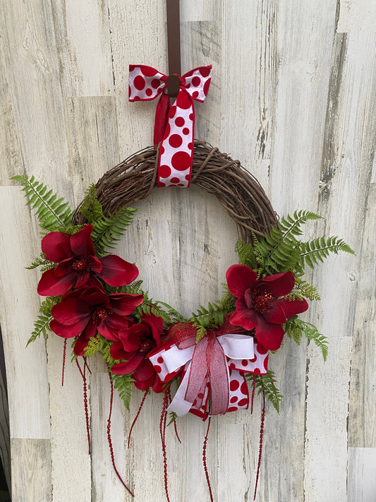 Red Floral Grapevine Wreath with Polka Dot Bow – Handmade Front Door Decor by Maneisdom