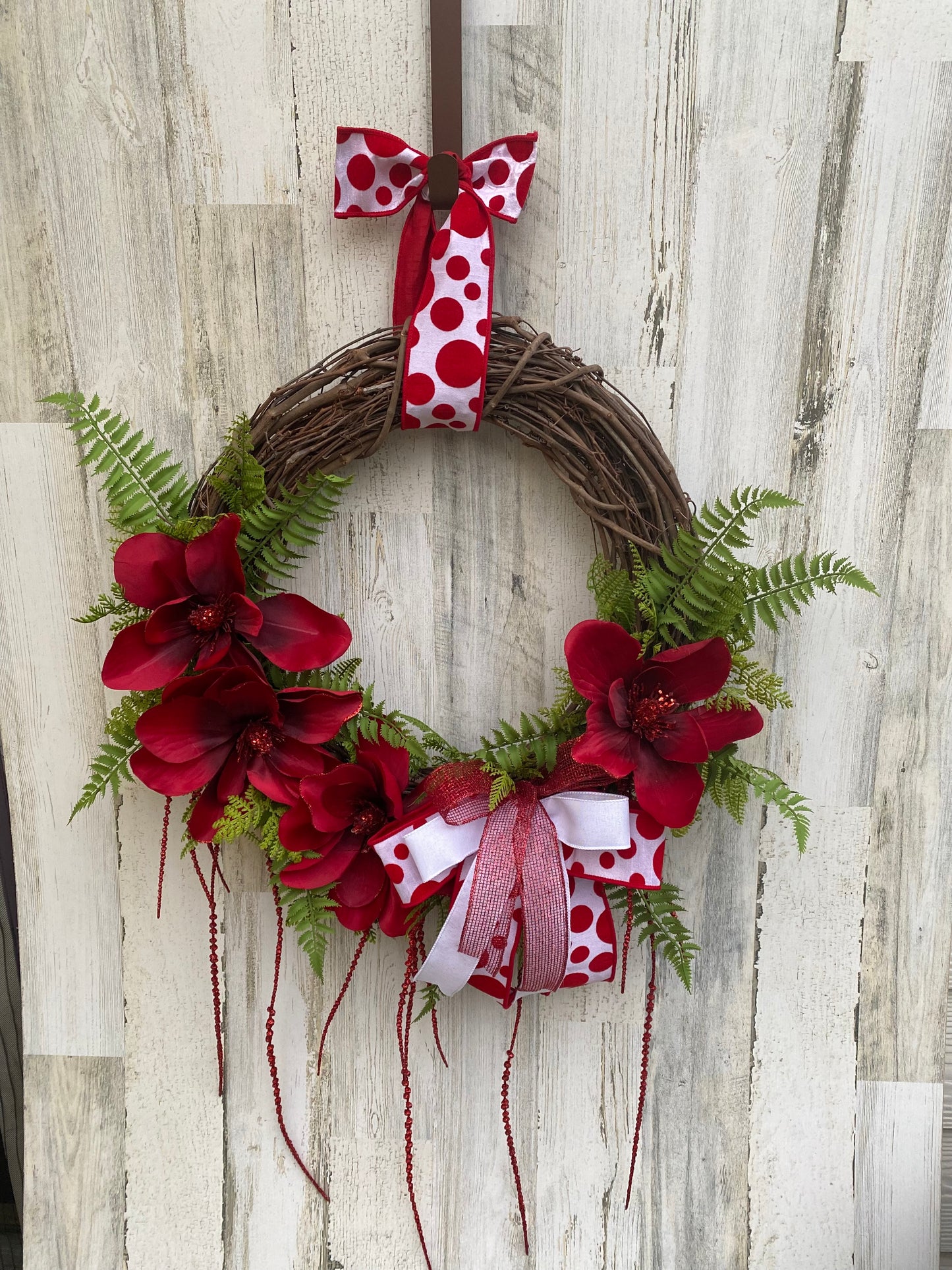 Red Floral Grapevine Wreath with Polka Dot Bow – Handmade Front Door Decor by Maneisdom