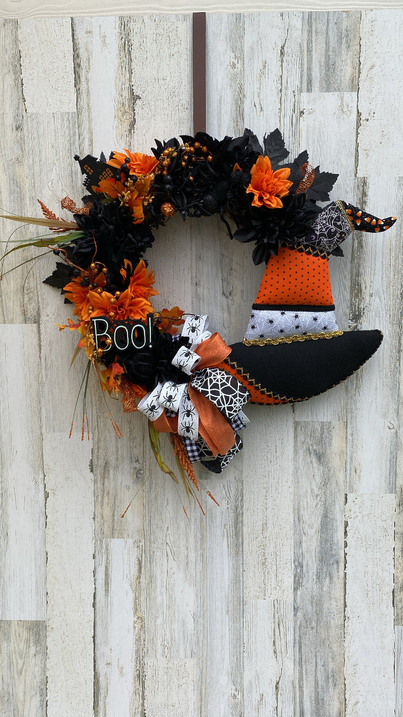 Witch Hat Halloween Wreath – Boo Sign, Orange & Black Floral Door Decor, Spooky Fall Front Porch Decoration