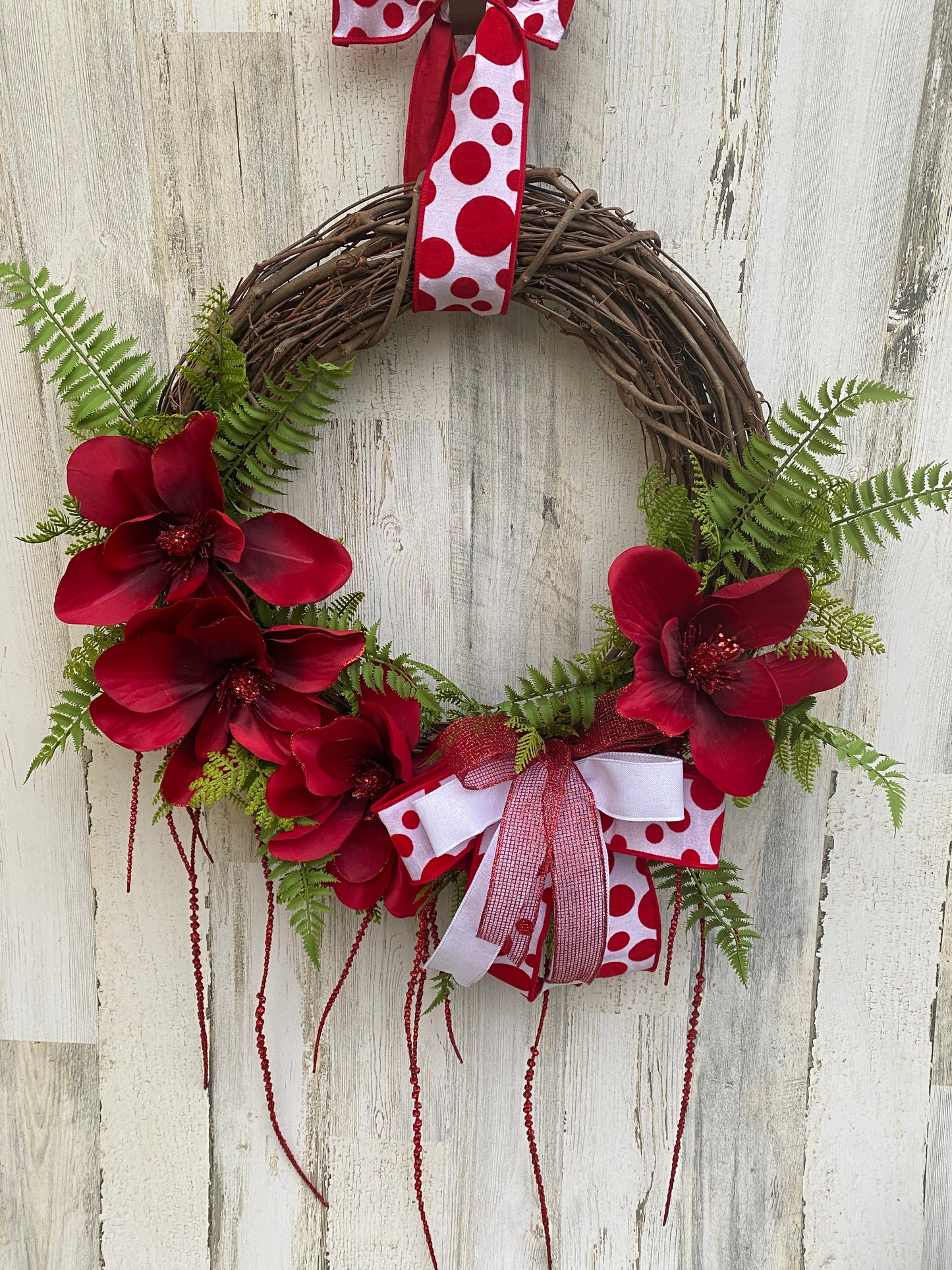 Red Floral Grapevine Wreath with Polka Dot Bow – Handmade Front Door Decor by Maneisdom