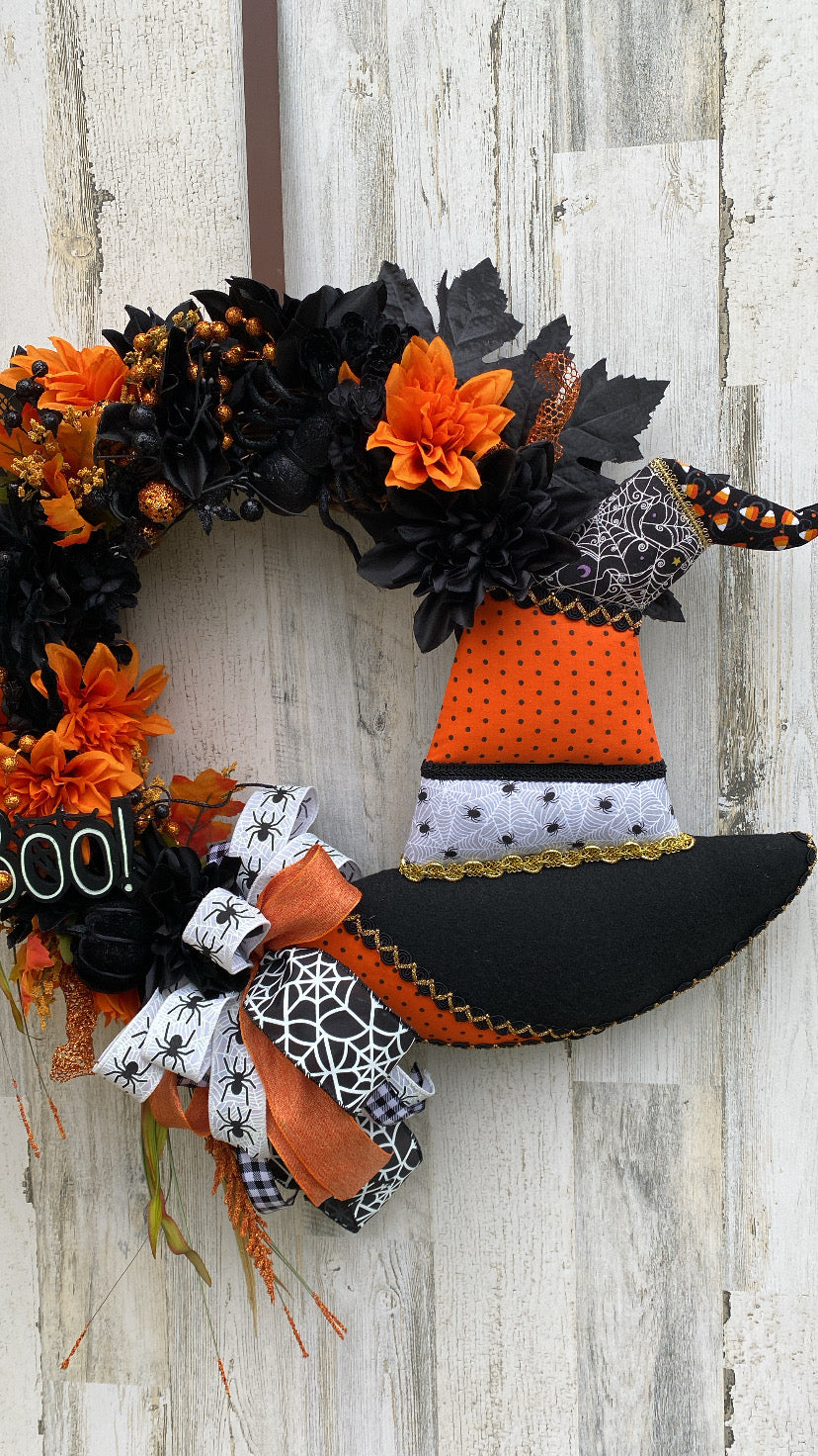 Witch Hat Halloween Wreath – Boo Sign, Orange & Black Floral Door Decor, Spooky Fall Front Porch Decoration