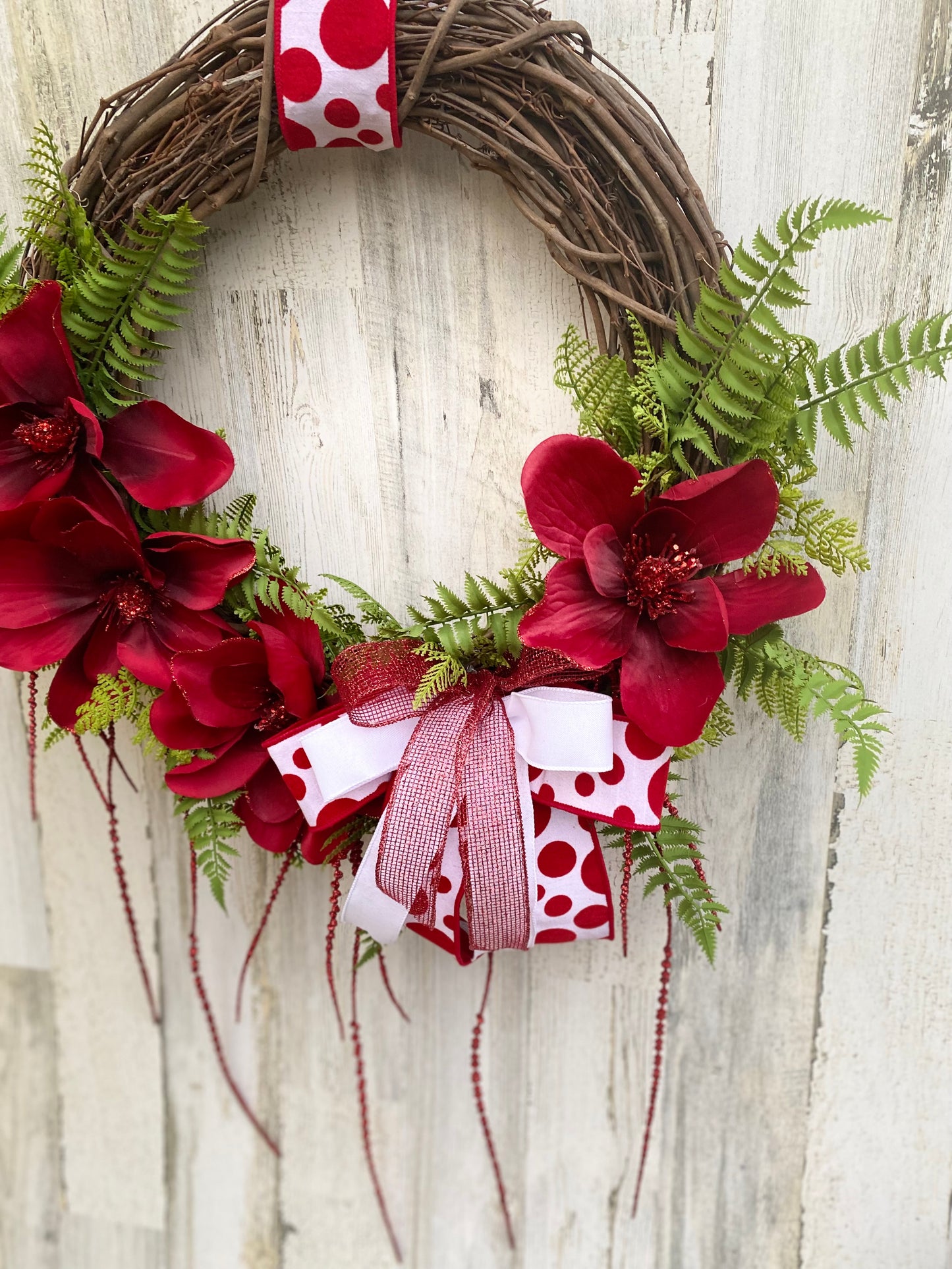 Red Floral Grapevine Wreath with Polka Dot Bow – Handmade Front Door Decor by Maneisdom