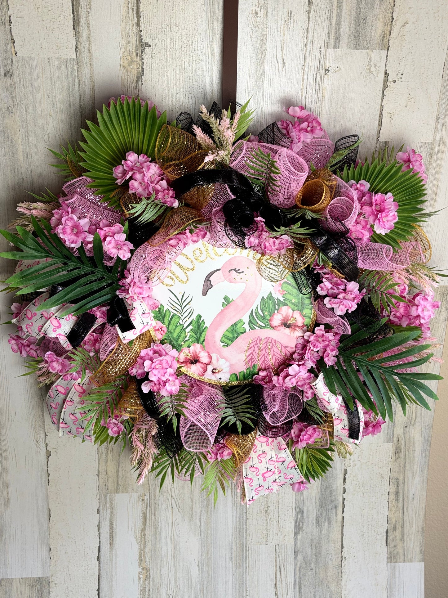 Tropical Flamingo Welcome Wreath – Pink Cherry Blossoms & Greenery Door Decor