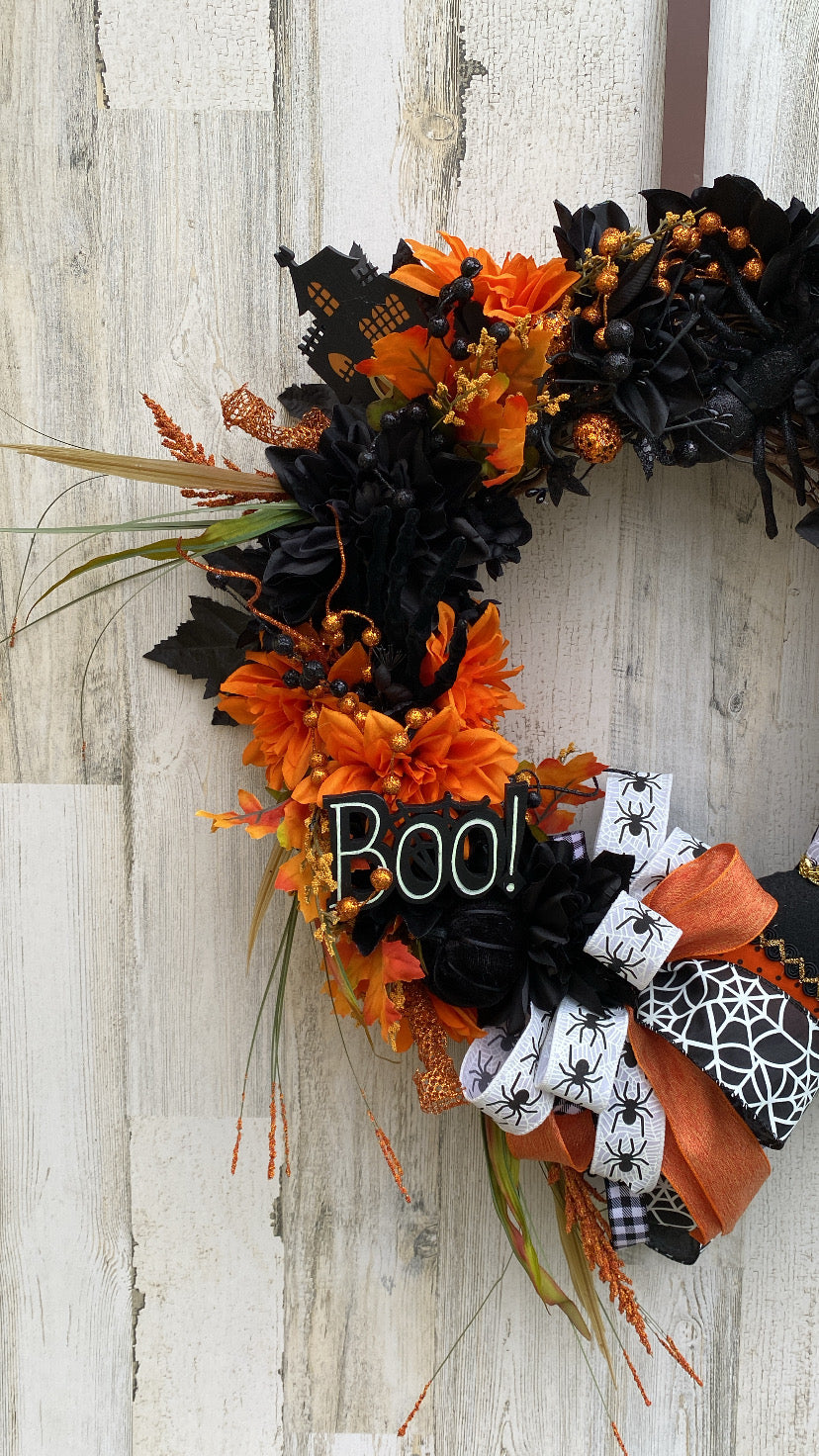 Witch Hat Halloween Wreath – Boo Sign, Orange & Black Floral Door Decor, Spooky Fall Front Porch Decoration