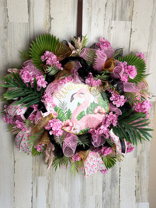 Tropical Flamingo Welcome Wreath – Pink Cherry Blossoms & Greenery Door Decor