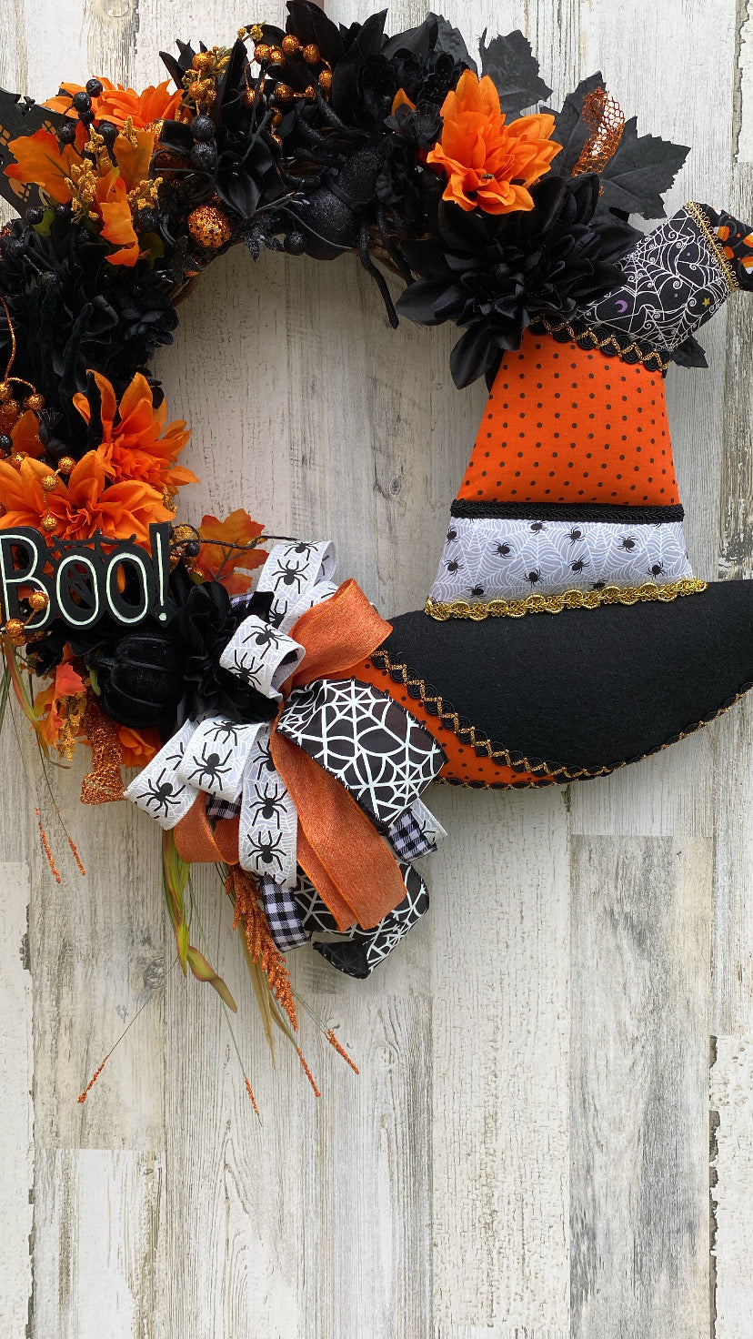 Witch Hat Halloween Wreath – Boo Sign, Orange & Black Floral Door Decor, Spooky Fall Front Porch Decoration