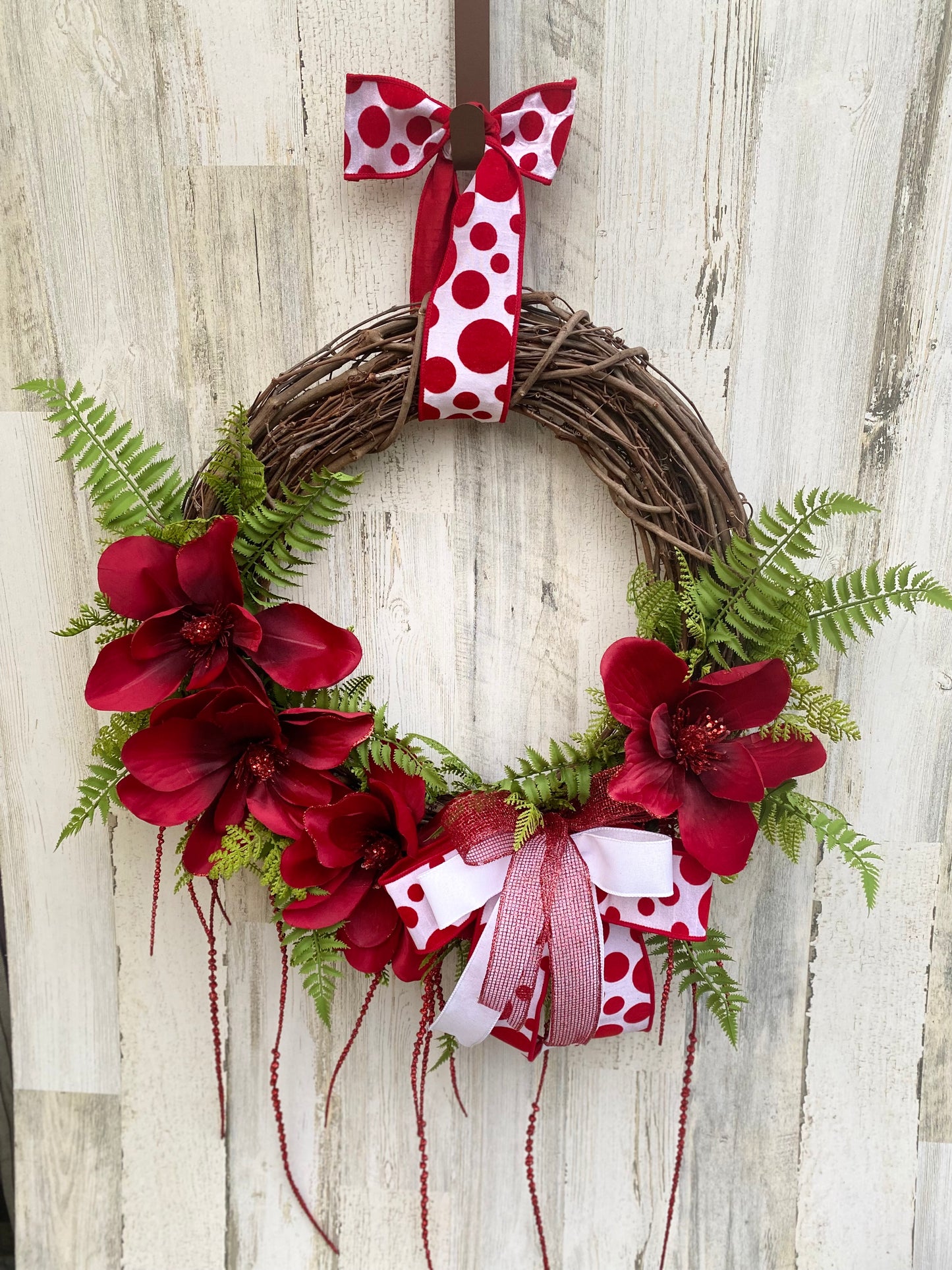 Red Floral Grapevine Wreath with Polka Dot Bow – Handmade Front Door Decor by Maneisdom