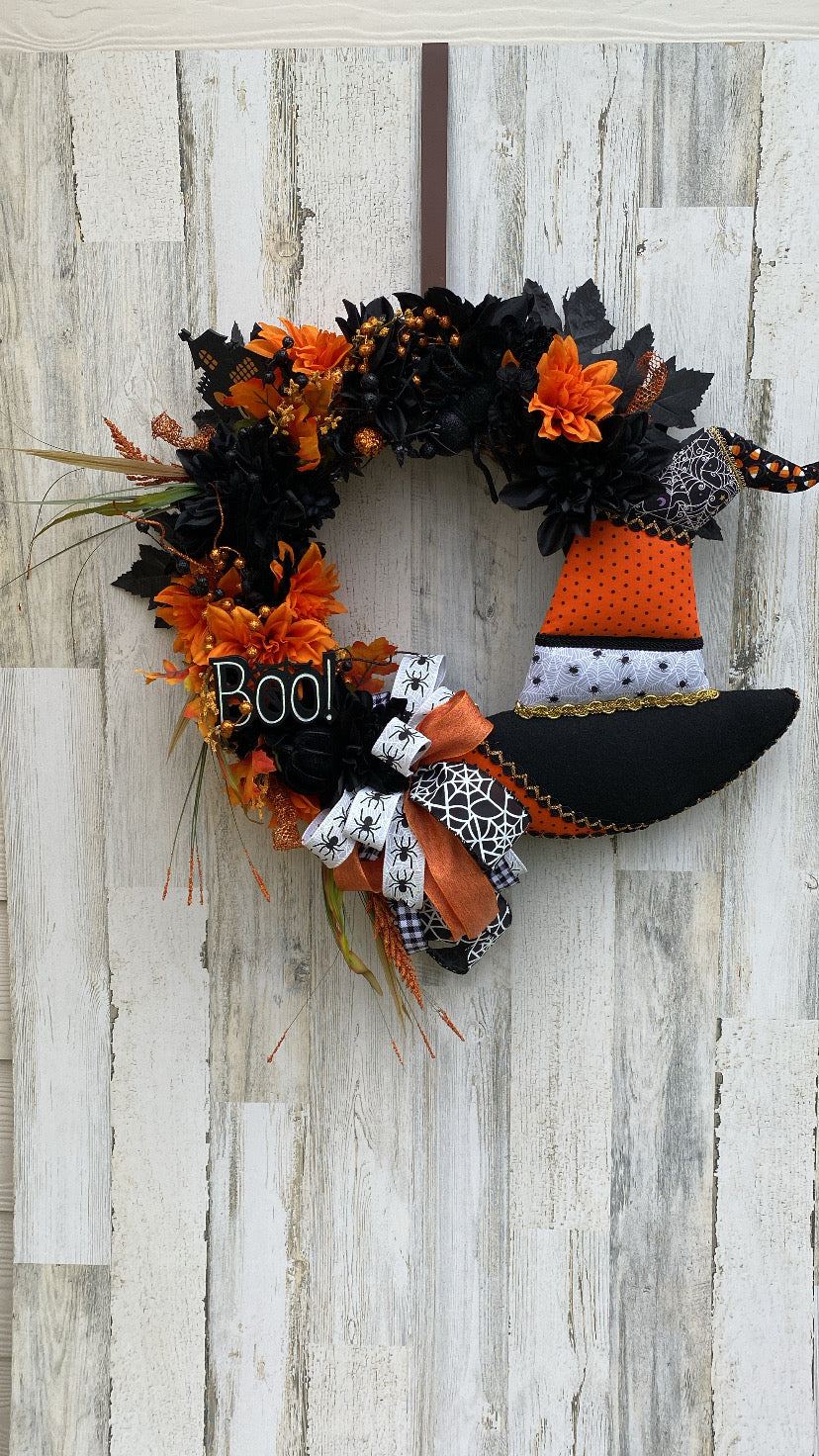 Witch Hat Halloween Wreath – Boo Sign, Orange & Black Floral Door Decor, Spooky Fall Front Porch Decoration
